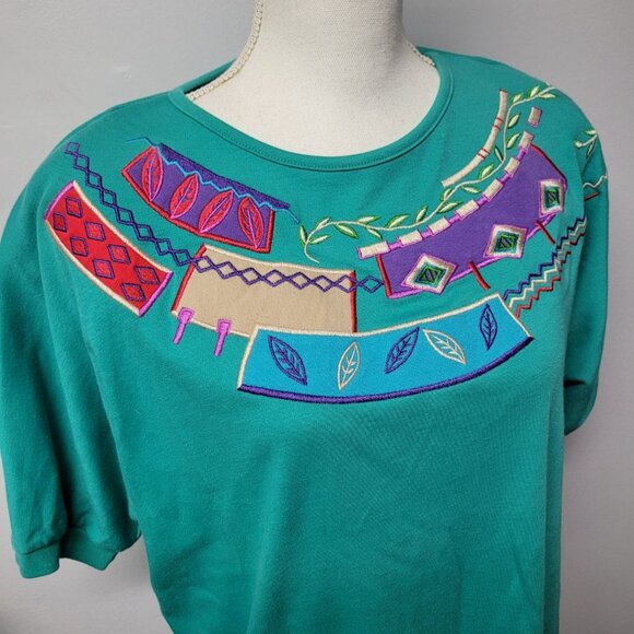 Koret Francisca Shirt Green Embroidered 80s Shoulder Pads Vintage Womens M Tribe - Picture 2 of 9